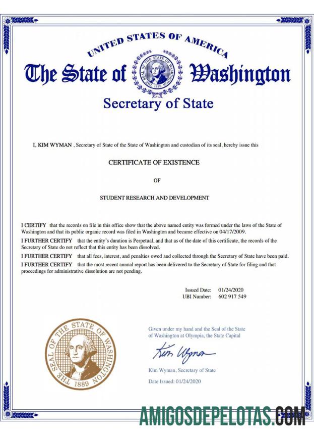 Modelo de Certificado de Boa Situação dos EUA Washington